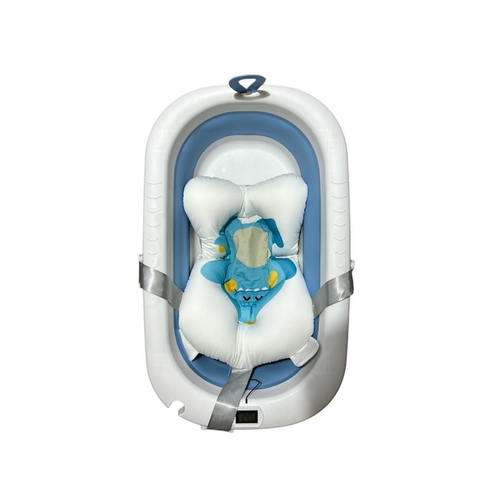 Сгъваема бебешка вана Sigloo, с възглавница от хипоалергичен материал, възраст 0-36 месеца, вграден електронен термометър, пробка за източване, неплъзгащи се крачета, синьо