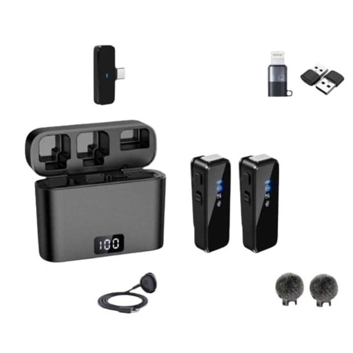 Комплект от 2 микрофона тип брошка CRISTALIS SALE™, USB type C, безжичен, с пълни аксесоари, DSP намаляване на шума, цифров дисплей, съвместим с iPhone, iPad, Android, За фото/видео камера или лаптоп