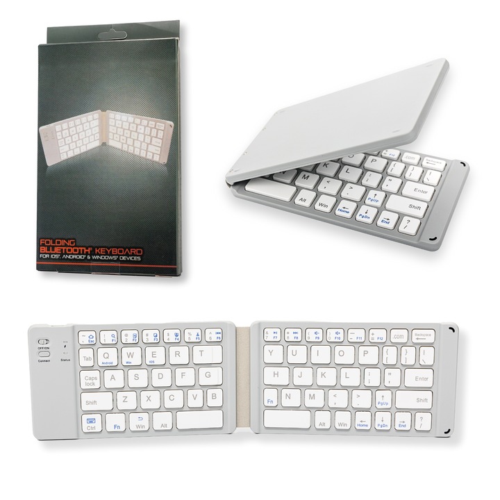 Tastatura Pliabila Slim SpectrumPoint®, conectare Bluetooth, fara fir, universala, compatibila Windows, Android, IOS, pentru Sisteme PC, Laptop, Tableta, Telefon, Argintiu