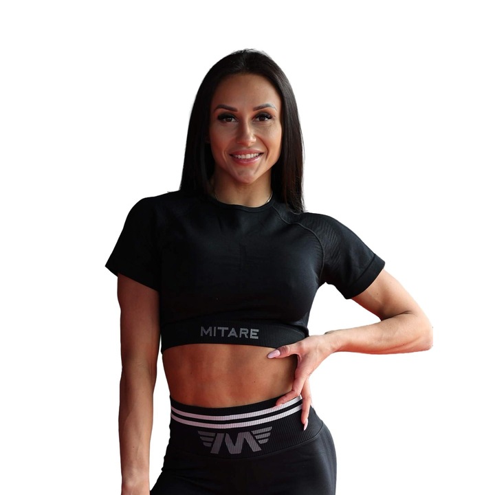 Tricou sport dama, Mitare, Nylon/Elastan, Negru, S