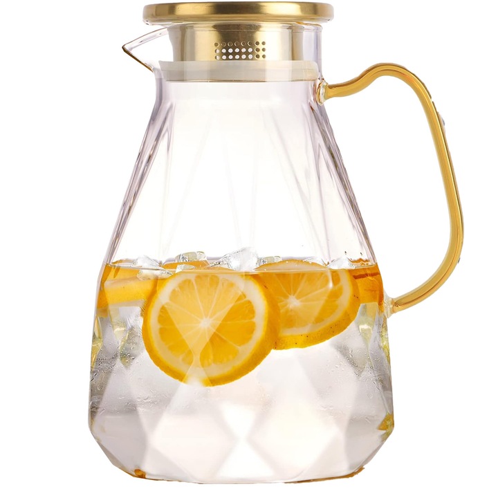 Kancsó limonádéhoz, 2,2 l, hőálló üvegből, gyémánt mintás, arany tetővel