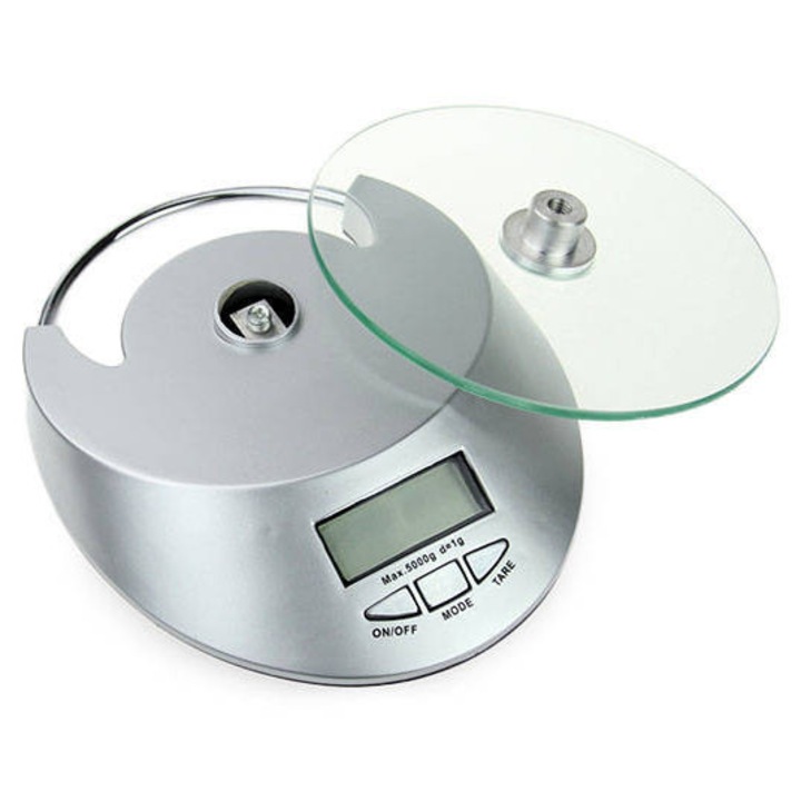 Cantar electronic de bucatarie, Welora®, Capacitate de cantarire maxima 5 kg, Acuratete 1 g, Display digital, Platou de sticla de 4 mm, Functie de tara, Inchidere automata, 2 unitati de masura, Functionare cu baterii, Dimensiuni 19 x 16 x 3.5 cm, Argintiu