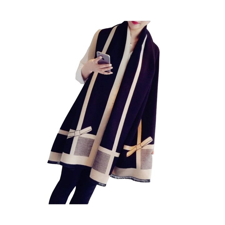 Esarfa lunga tip sal pentru dama din materiale premium, model funda, dimensiuni 190 x 65 cm, culoarea negru si bej, The Casius.®