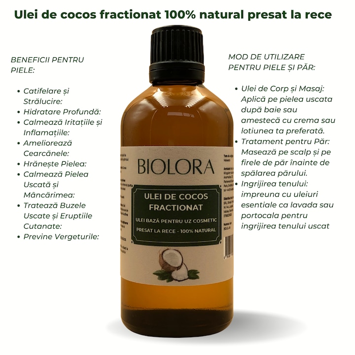 Фракционирано кокосово масло, 100% натурално, за козметична употреба, за грижа за кожата и косата, 100 ml