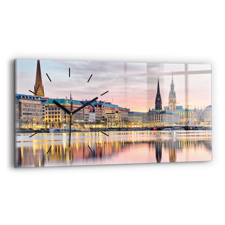 Falióra, Wallfluent, üveg, Fekete mutatók, Számok nélkül, Alster in Hamburg, Rózsaszín, Téglalap 60x30 cm, 010010500030200268295