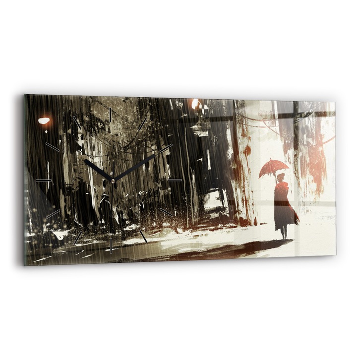 Falióra, Wallfluent, üveg, Fekete mutatók, Nincs szám, Nő egy esős éjszakában, Szürke, Téglalap 60x30 cm, 010010500030200266916
