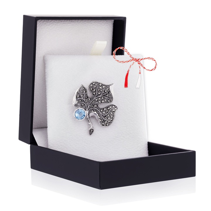 Brosa Argint 925 Frunza - Blue Topaz