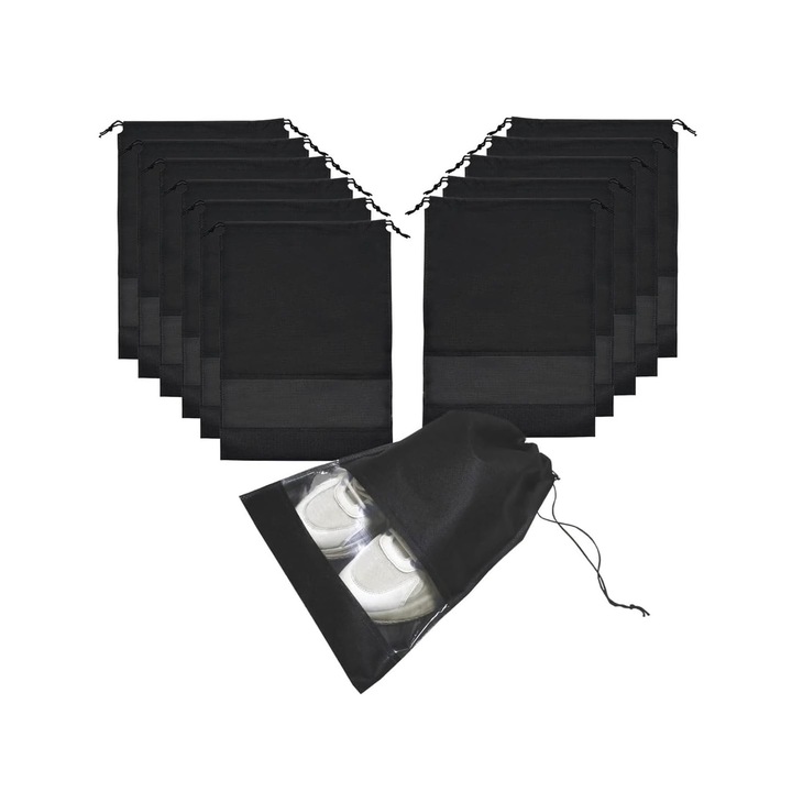 12 db-os utazócipős táska készlet, Axroad Mall, Por-/penészálló, Zsinór, Könnyen tárolható és mosható, Újrafelhasználható, Ruhákhoz, borotválkozási kellékekhez, kozmetikumokhoz, Poliészter, 32x44cm, Fekete