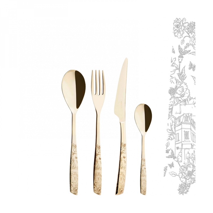 Set 24 tacamuri Casa Bugatti, Riviera la Ville Champagne, pentru 6 persoane, design modern, elegant, minimalist, material premium, otel inoxidabil, cutie de lux de prezentare, auriu