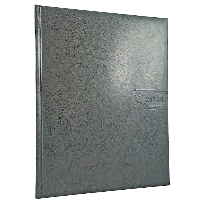 Agenda datata 2024 pentru programari, format A4, 21 x 27 cm, cu 152 pagini, cu coperta buretata din piele ecologica gri, semn de carte textil si bloc cusut in fascicule