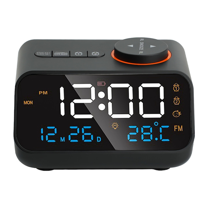 Радио с часовник, Xinxu, Digital FM, 12/24 часова настройка, Дисплей за температура и влажност, 2 аларми, Будилник с отлагане, LED екран, USB порт за зареждане, Черен