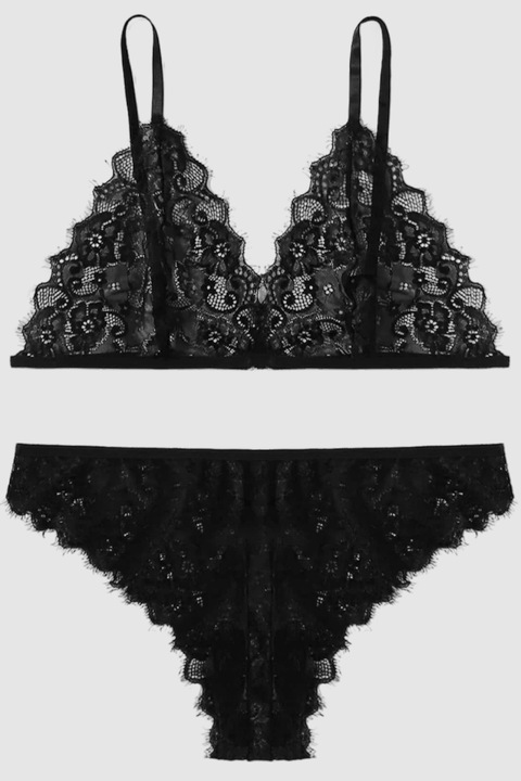 Set 2 piese lenjerie intima erotica sexy din dantela elastica, pentru siluete plus-size, sutien, chilot tanga, semitransparenta, negru, XL
