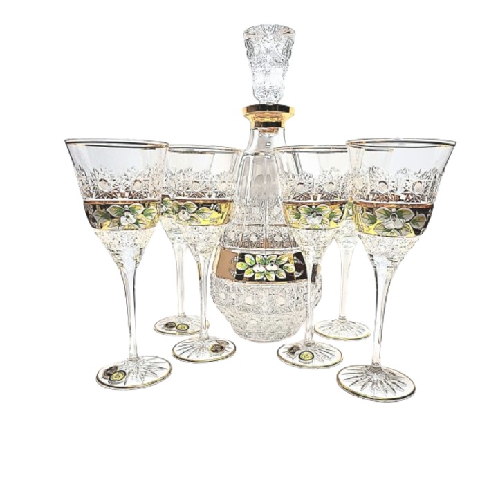 Set pahare cu decanter, ADMIRAL, Queen, Crystal Gold, 7 bucati