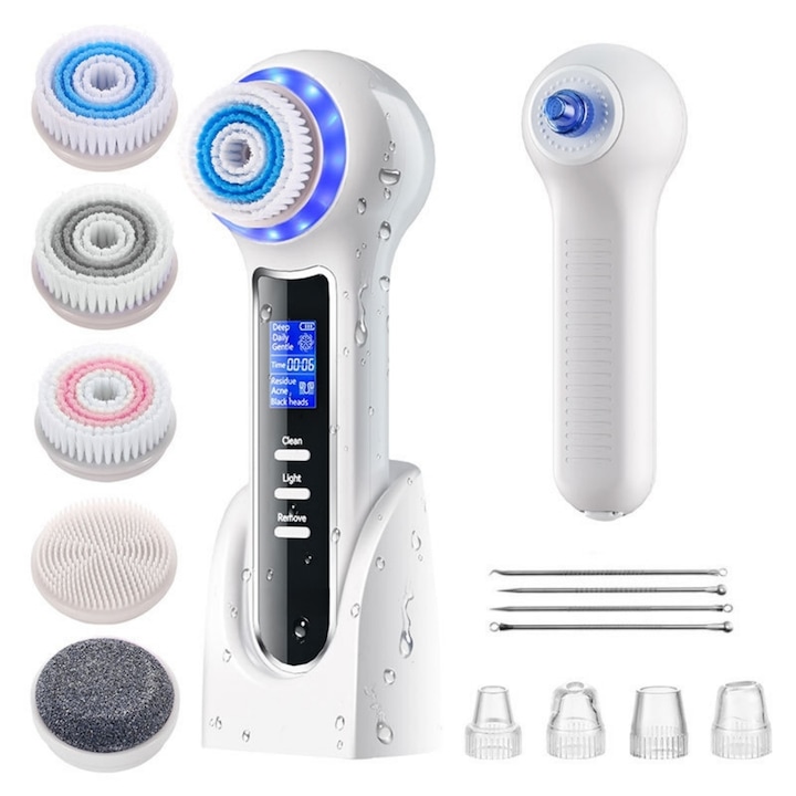 Aparat Profesional Multifunctional pentru Indepartarea punctelor Negre, MOSMAOO®, Perie Electrica de Curatare Faciala 5in1, Demachiant Facial, IPX7 Impermeabil, Afisaj LCD, Indepartarea porilor, Anti-rid, Exfoliere, Alb