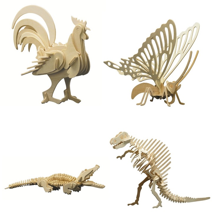 Set constructie lemn, Pebaro, Dinozaur, Crocodil, Cocos, Fluture, 180 piese