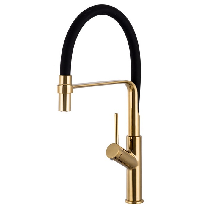 Смесител за кухня с висок кран, гъвкав черен мат, златист