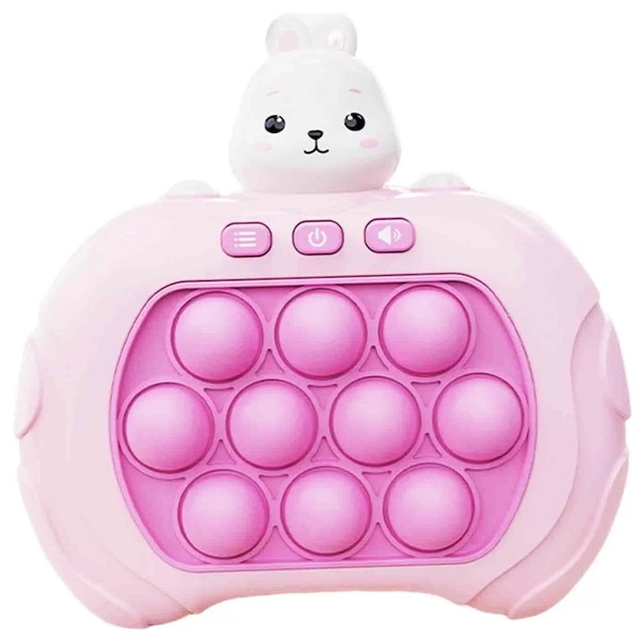 Joc interactiv Pop-It Consola, antistres, cu sunete si lumini, Iepuras Roz, SARA-SHOP®