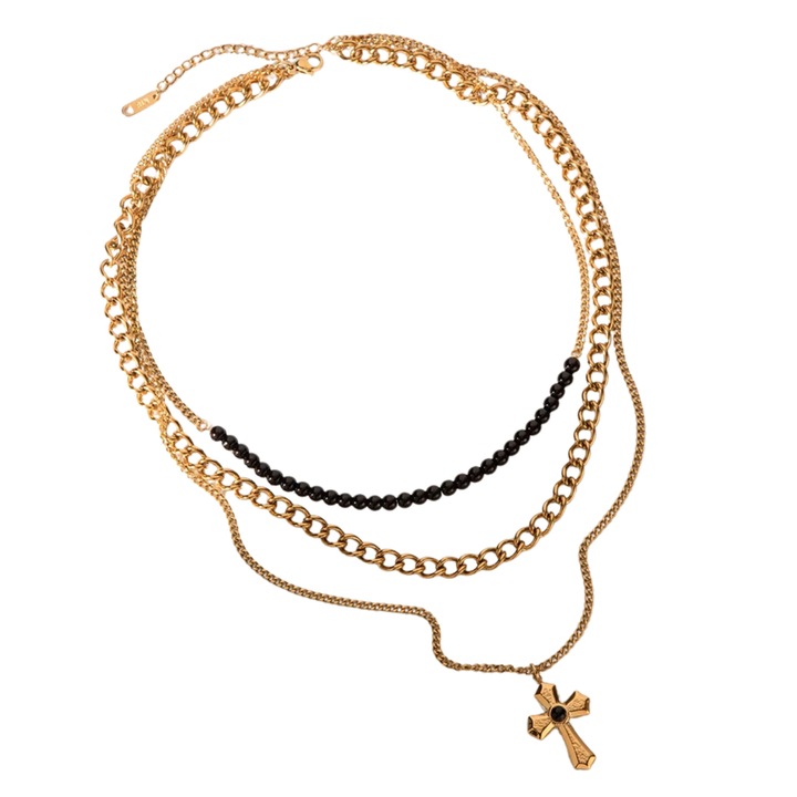 Colier elegant pentru femei Fiarra®, trei randuri lanturi din otel inoxidabil, placat cu aur de 18K, margele din agat negru si pandantiv in forma de cruce cu piatra ochi de tigru