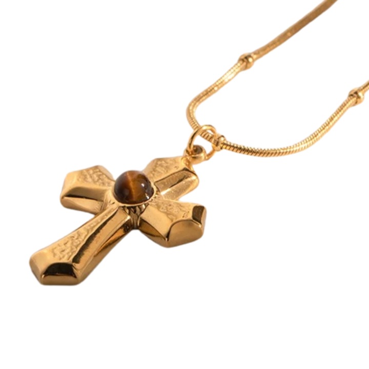 Colier pentru femei Fiarra®, din otel inoxidabil, placat cu aur de 18K, cu pandantiv in forma de cruce cu piatra naturala ochi de tigru, 42+5cm
