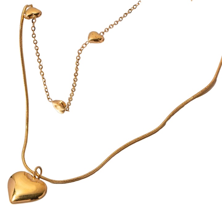 Colier dama, Fiarra®, otel inoxidabil placat cu aur de 18K cu doua lanturi si pandative in forma de inima, 41, 5+5, 5 cm