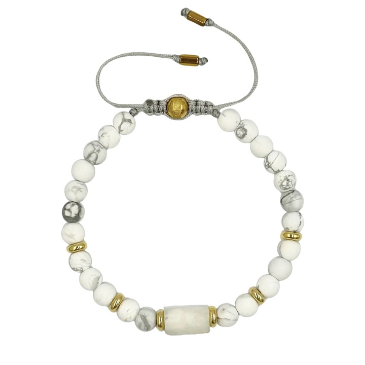 Bratara Papesa cu larimar alb tub, howlit mat, inox 304 auriu si nod culisant