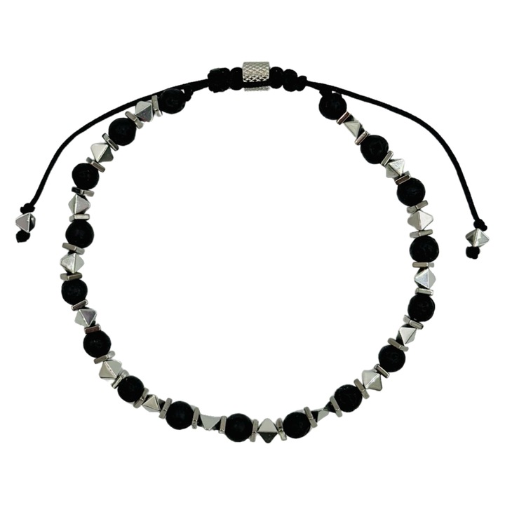 Bratara Papesa cu lava 4mm si hematit argintiu octaedru cu nod culisant