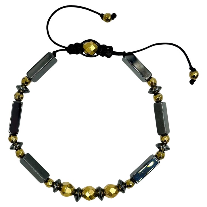 Bratara Papesa cu hematit tuburi si sfere maxifatetate cu nod culisant