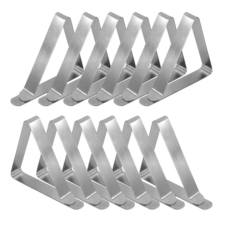 Set 12 cleme pentru prins fata de masa, Axroad Mall, Design triunghiular, Durabil si rezistent la rugina, Usor de utilizat si de indepartat, Pentru grosimilor de masa sub 4.5 cm, Inox, 7.4 x 4.5 x 1.2 cm, Argintiu