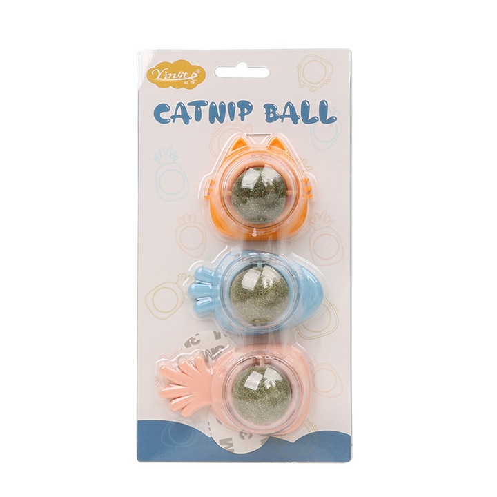 Set 3 Bile Rotative cu Catnip, Curatare Dentara, Montare pe Perete