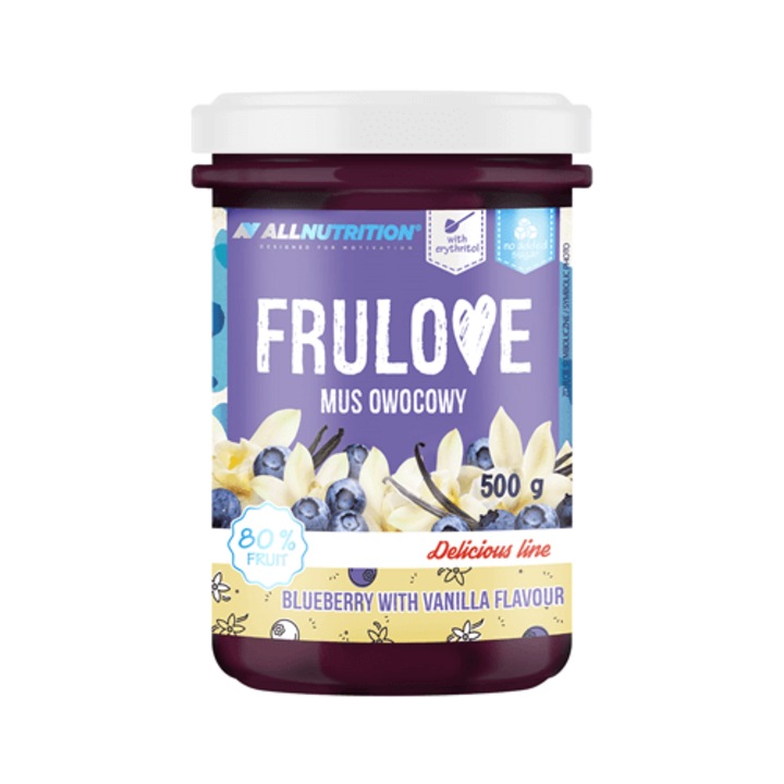 Mousse de fructe, piure de fructe ALLNUTRITION FRULOVE, aroma Blueberry Vanilla, 500g, fara zahar adaugat, 80% fructe