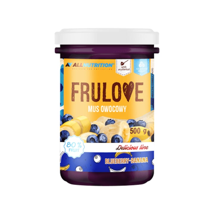 Mousse de fructe, piure de fructe, ALLNUTRITION FRULOVE, aroma afine si banane, 500g, fara zahar, 80% fructe