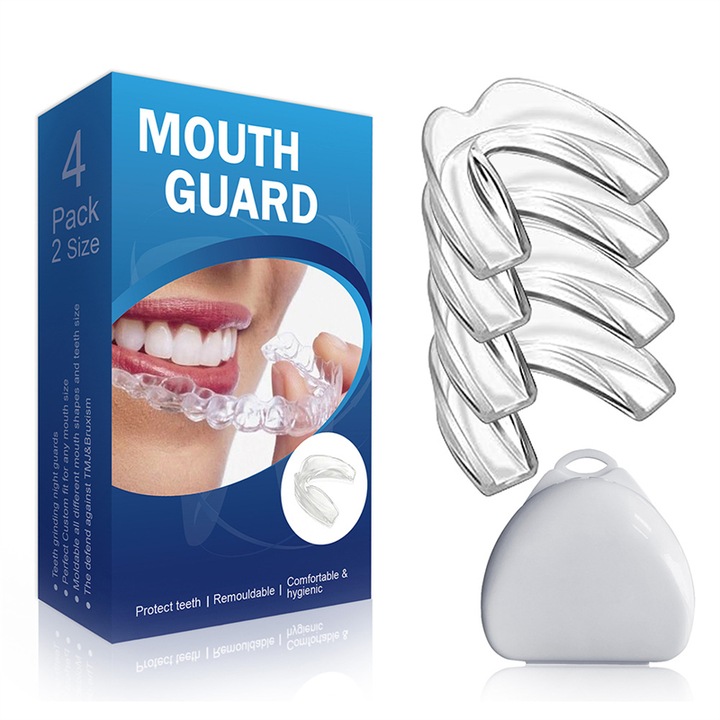 Set 4 gutiere impotriva scrasnitului din dinti, BOMSTOM, EVA, Cutie depozitare, anti sforait, anti bruxism si anti apnee in somn, Pentru adulti, Transparent