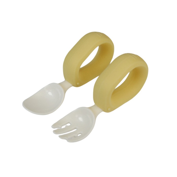 Set 2 tacamuri de antrenament cu furculita si lingura pentru bebelusi si copii, BOMSTOM, Silicon/ABS, 10 cm, Galben