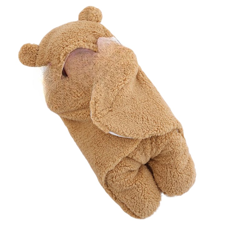 Paturica pentru infasat bebelusi pufoasa Neo™ Plush® Bebe 0-6 luni, calduroasa, in urechi de ursulet, model plusat, Beige
