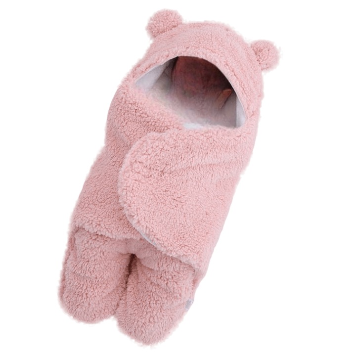 Paturica pentru infasat bebelusi pufoasa Neo™ Plush® Bebe 0-6 luni, calduroasa, in urechi de ursulet, model plusat, Roz