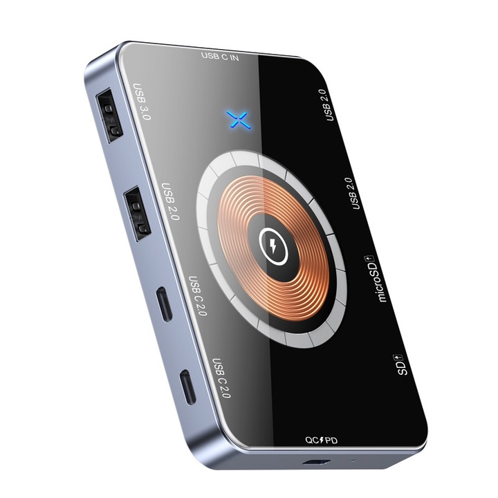 USB хъб 8 в 1, KINSI, с магнитно безжично зареждане 15 W, четец на карти TF + SD, QC/PD, USB 3.0/USB 2.0/USB C 2.0, 480 Mbps, 5 Gbps, алуминий, сив