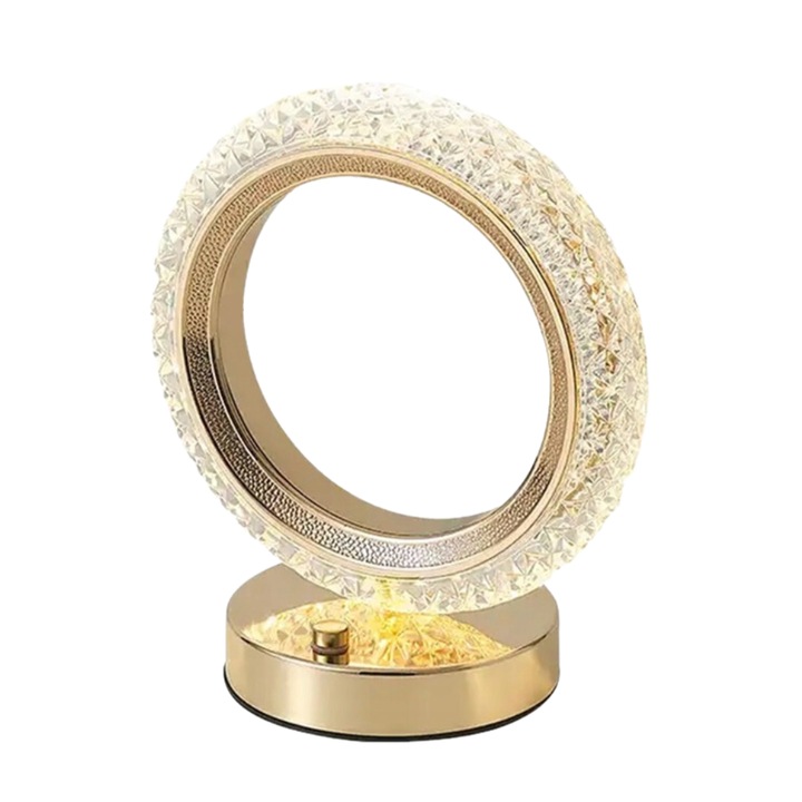 Lux Crystal Ring RGB LED лампа, смяна на режимите чрез докосване, 5 цвята, линейни преходи между цветове или осветление, USB зареждане, 14x18 см, злато