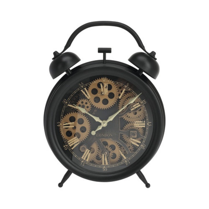 Ceas Desteptator De Perete Cu Cifre Romane Si Roti Dintate, Negru, 39x29x8, 5 Cm