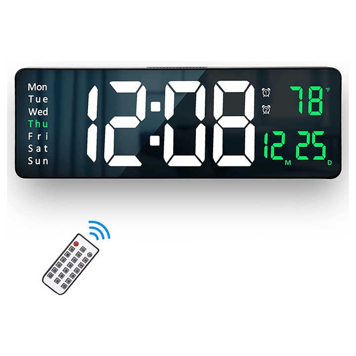 Цифров стенен часовник със зелена LED светлина, календар, температура, аларма, термометър, 39x13CM
