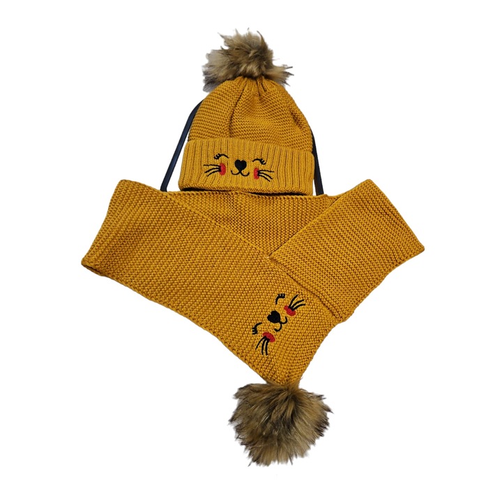 Set caciula plus fular, baieti, mustar, model desene, 1-8 ani, toamna, iarna