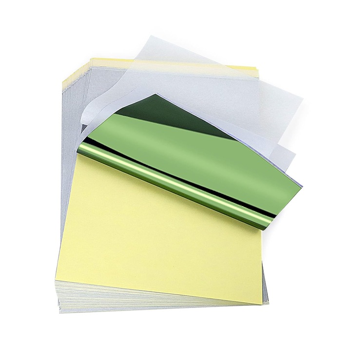 Set 40 hartii A4 de transfer pentru tatuaje, profesionale, din 4 straturi, pentru imprimanta si desenare manuala, 29.7 x 21 cm
