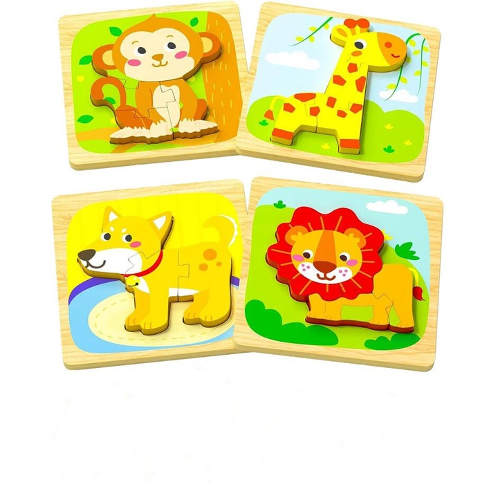 Комплект от 4 пъзела за бебета Yefound®, Дърво, Животни, 1-3 години, Жълт цвят