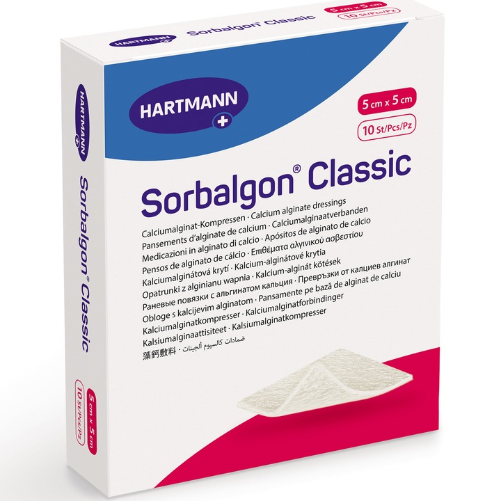 Превръзка от калциев алгинат Hartmann Sorbalgon Classic, За дълбоки рани (>1cм), 5 x 5 cм