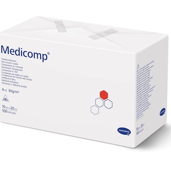 Medicomp, comprese nesterile, din material netesut, moi si delicate, pentru curatarea ranilor, 4 straturi, 10 x 20cm, 100 buc/cutie, HARTMANN