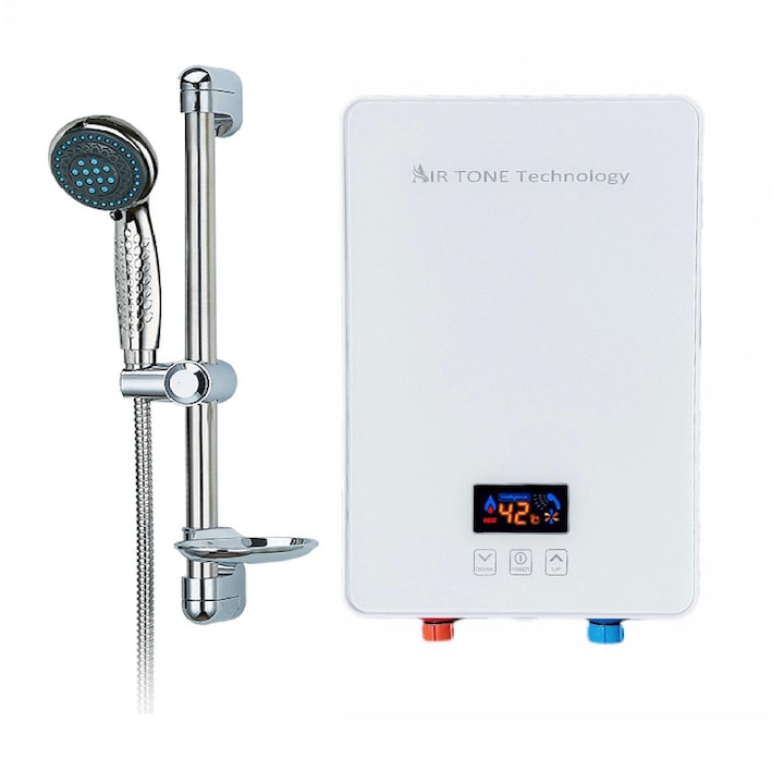 Incalzitor instant electric pentru apa Air Tone Technology®️, Display LCD, Protectie electrica IPX4, Termostat cu siguranta dubla, Display LCD si Kit dus inclus, Culaore Alb