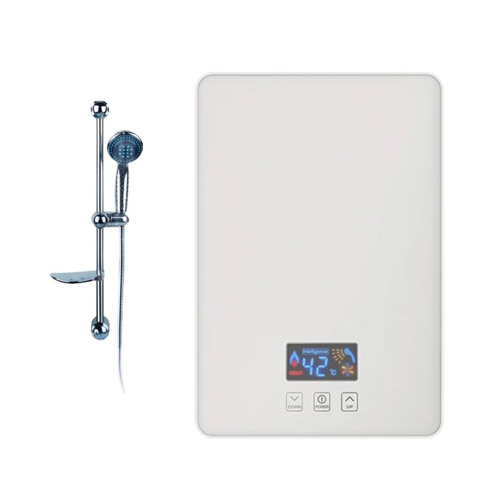 Мигновен електрически бойлер, LCD дисплей, IPX4 електрическа защита, Термостат с двойна безопасност, включен LCD дисплей и душ комплект, Бял