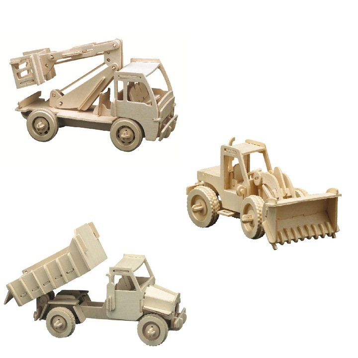 Set constructie lemn, Pebaro, Escavator, Macara, Basculanta, 226 piese