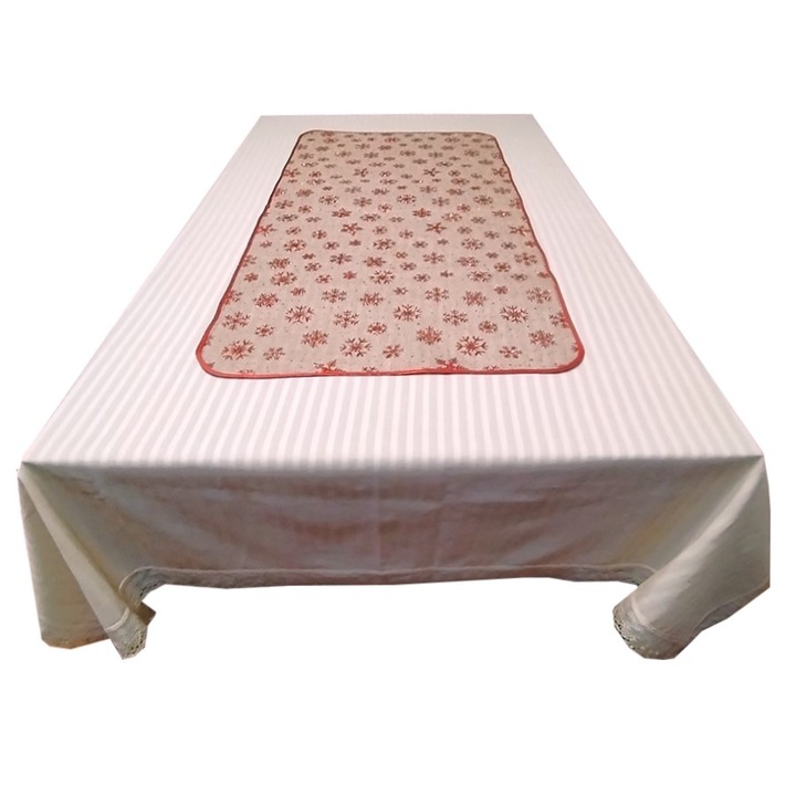 Set Fata de masa si traversa, Casa Bucuriei, 2 piese, crem/rosu, bumbac, 160 x 220 cm