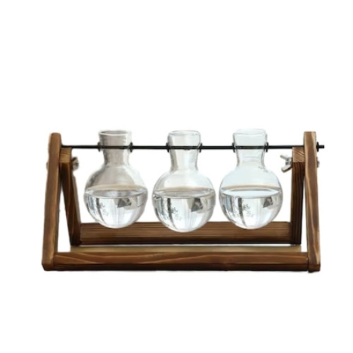 Vaza hidroponica, Lemn/Sticla, NIERBO®, 28 x 15 cm, Stil retro, Maro/Transparent