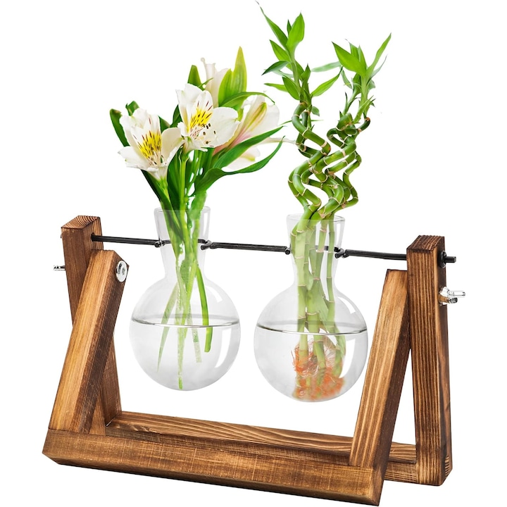 Хидропонна ваза, дърво/стъкло, NIERBO, 20 x 15 см, ретро стил, Кафяв/прозрачен